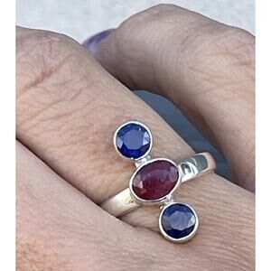 Sterling Silver Ruby Sapphire Ring Multi 3 Gem Stone Statement For Women Red Blu